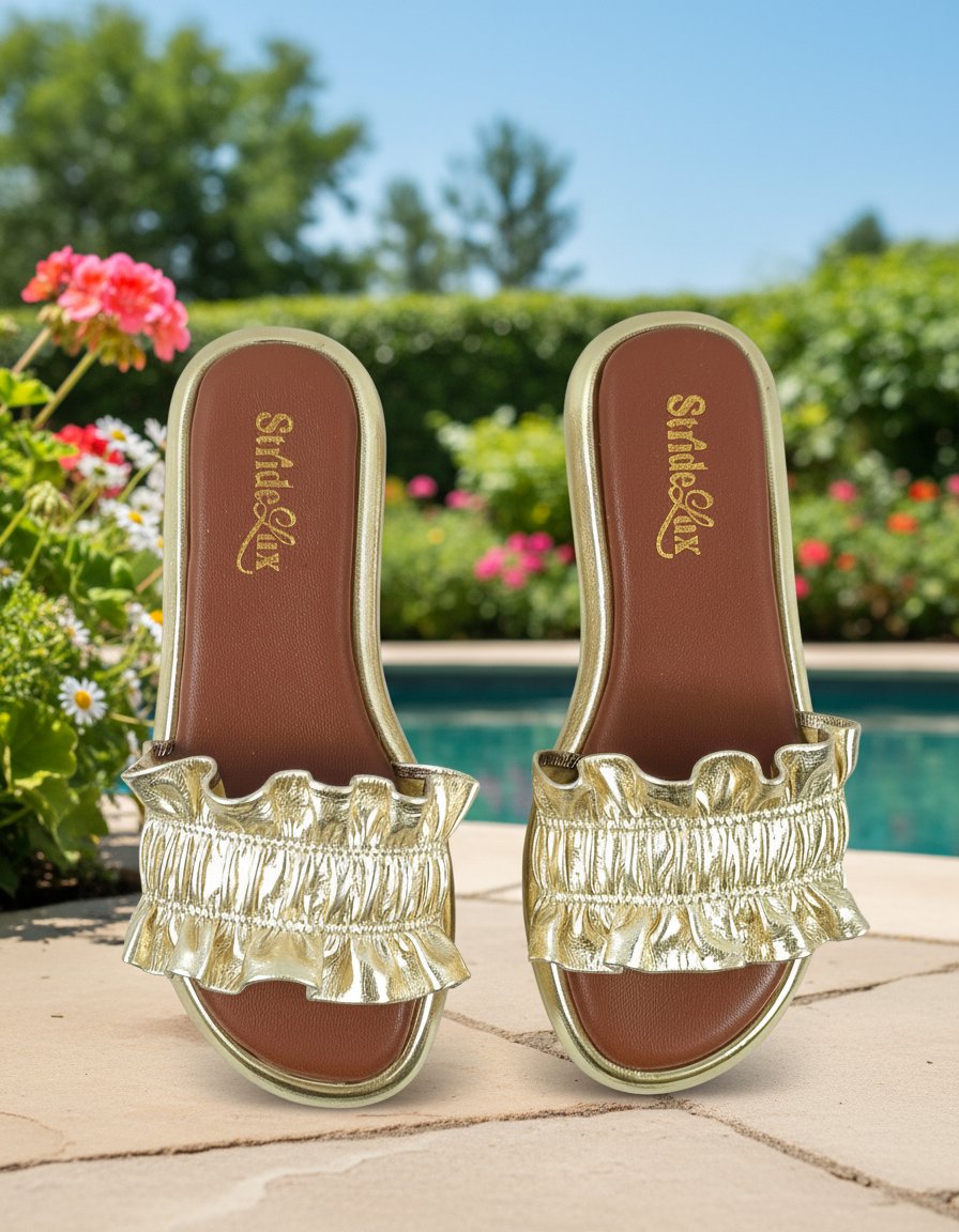 StrideLux Golden Ruffle Flat Slides - Image 6