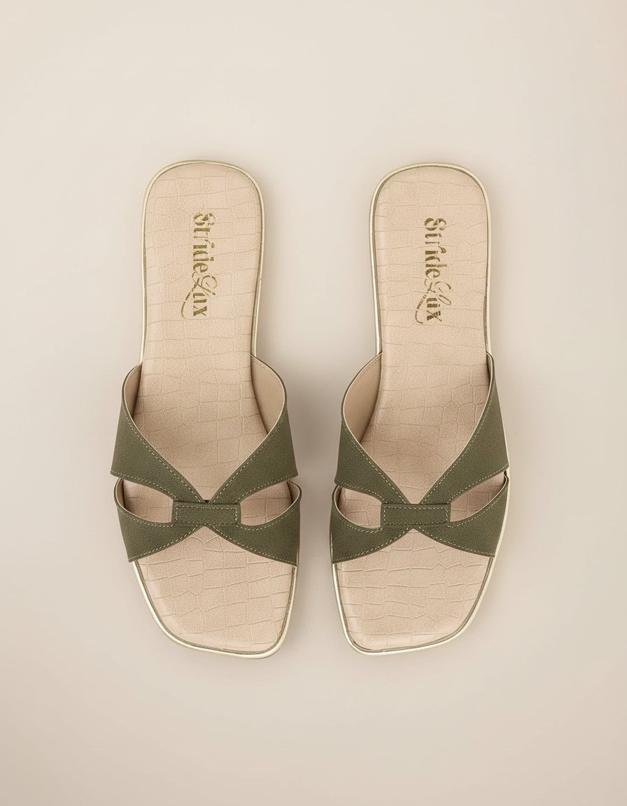 Elara Cross Strap Flat Slides – Olive Green