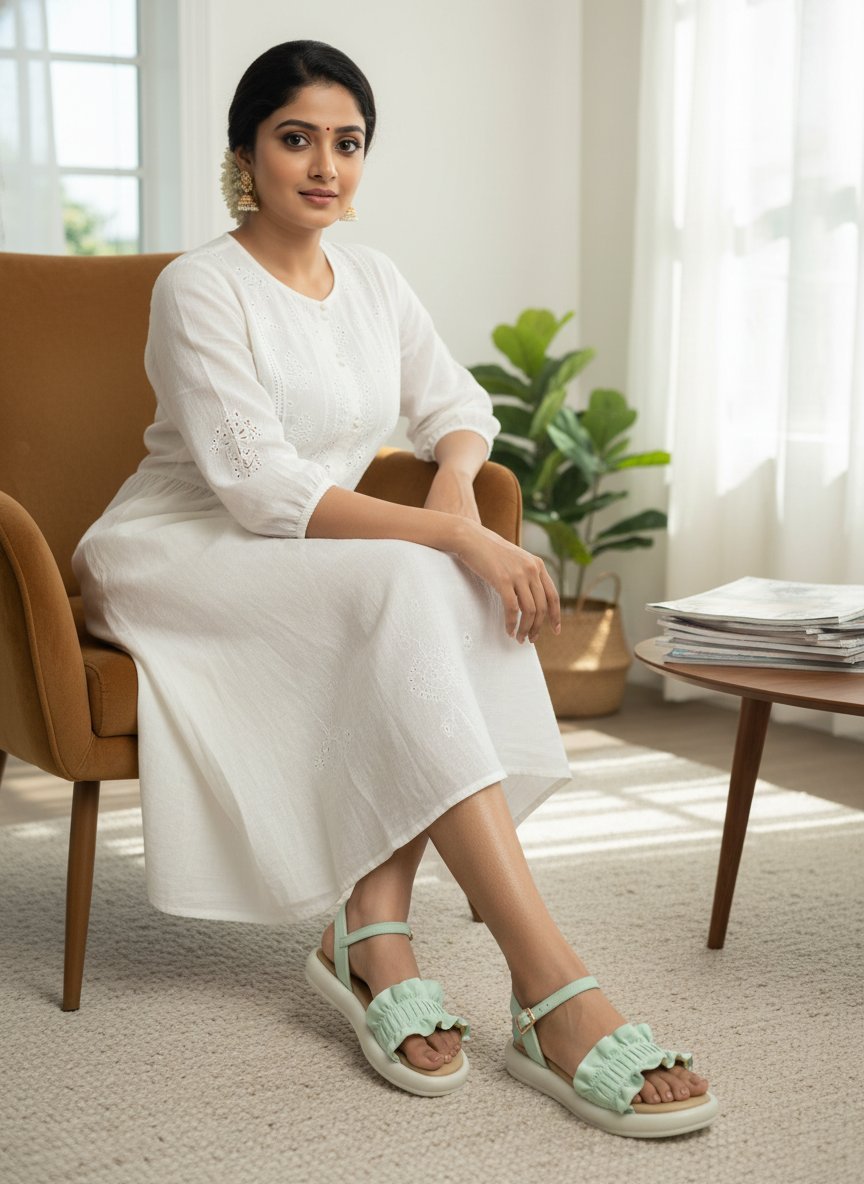 StrideLux Women’s Mint Green Ruffle Flat Sandals