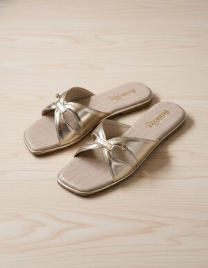 Elara Cross Strap Flat Slides – Soft Gold