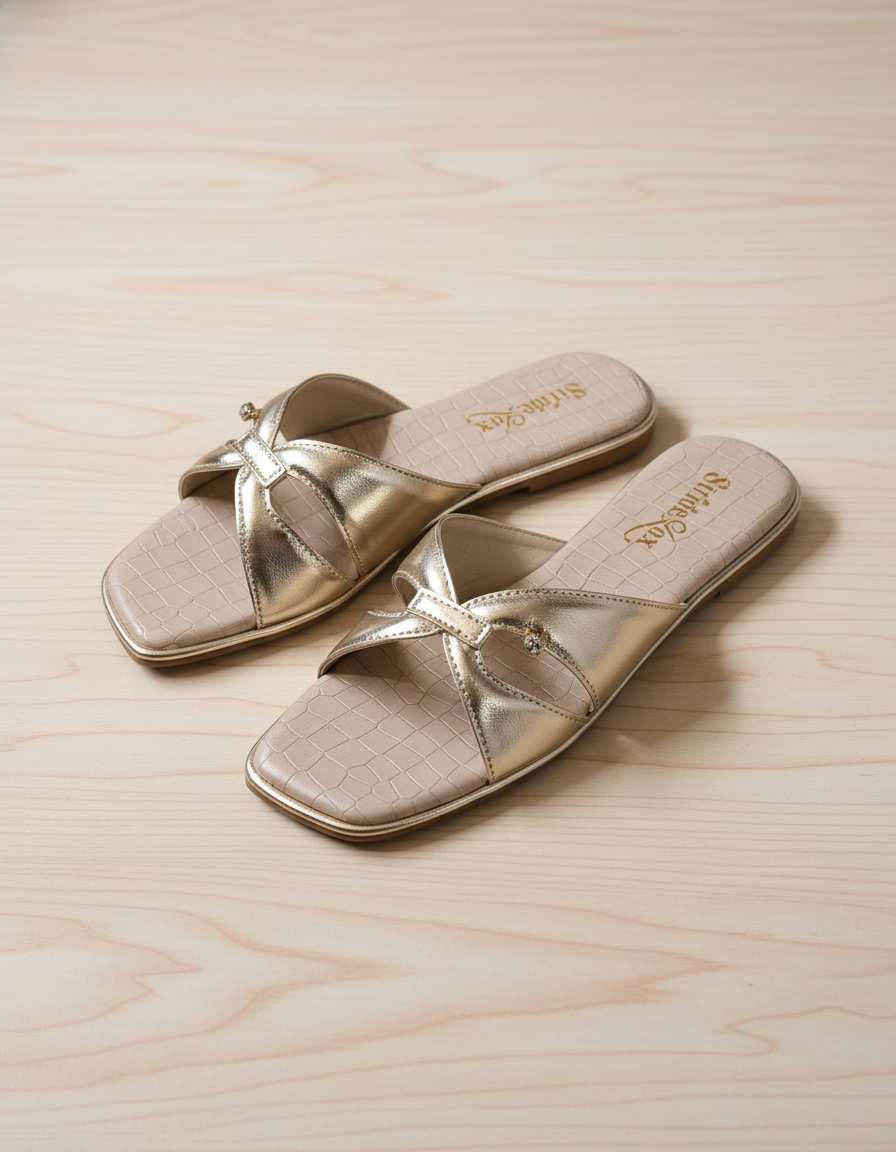 Elara Cross Strap Flat Slides – Soft Gold