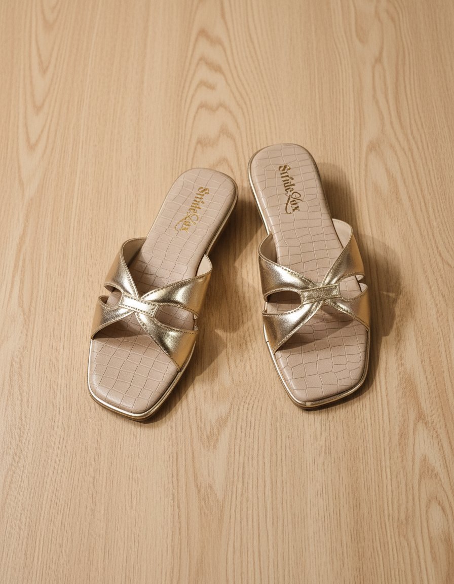 Elara Cross Strap Flat Slides – Soft Gold - Image 3