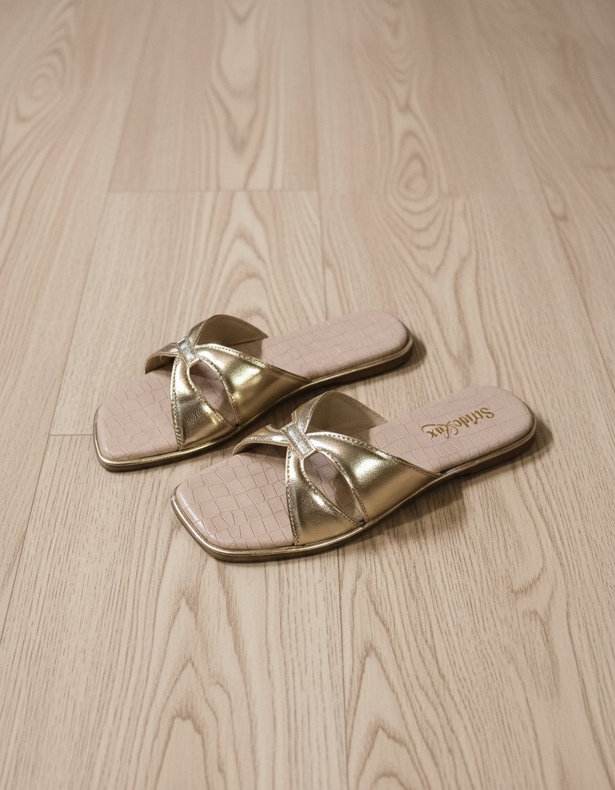 Elara Cross Strap Flat Slides – Soft Gold - Image 4