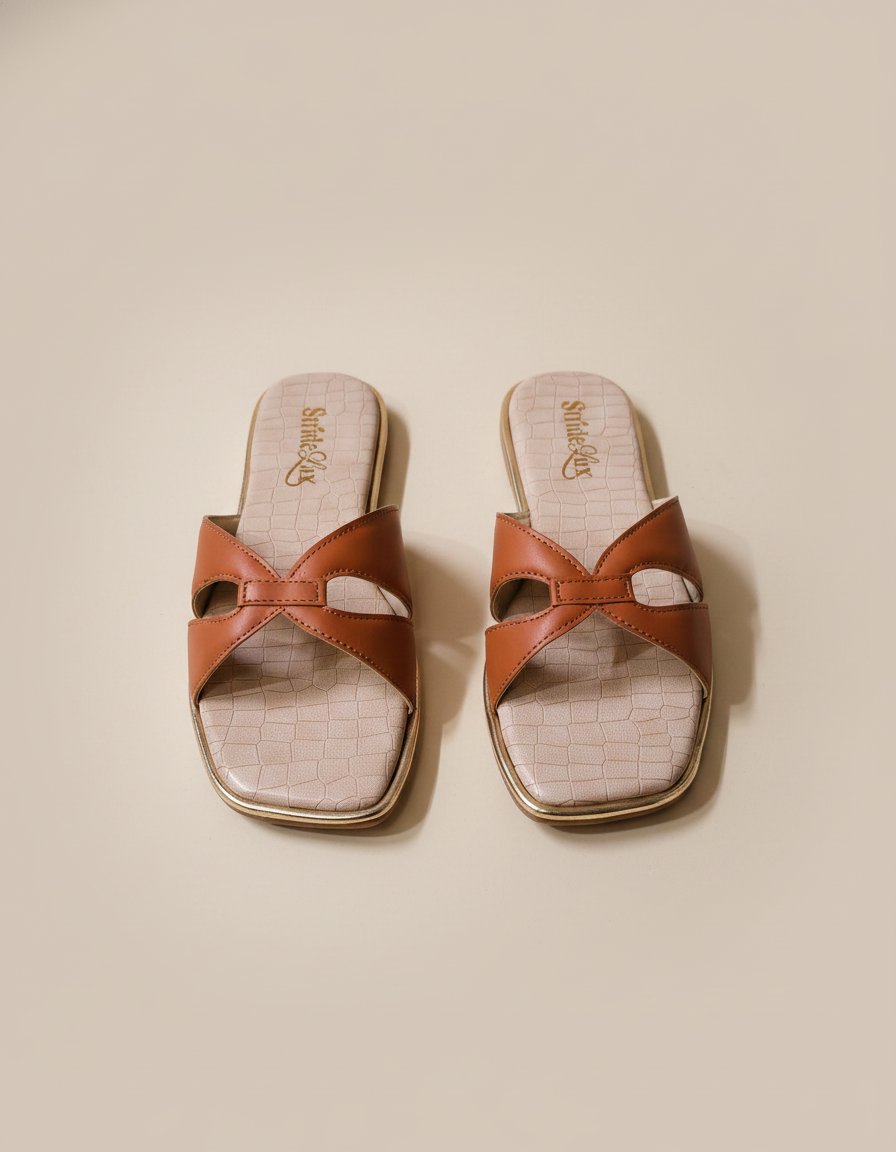 Elara Cross Strap Flat Slides – Tan Brown