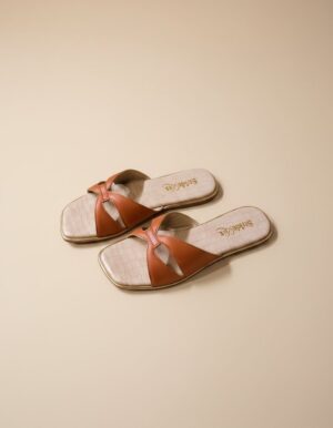 Elara Cross Strap Flat Slides – Tan Brown