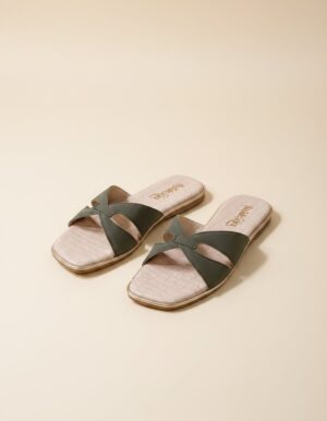 Elara Cross Strap Flat Slides – Olive Green