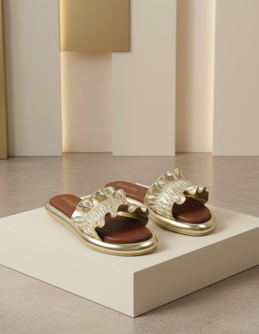 StrideLux Golden Ruffle Flat Slides - Image 3
