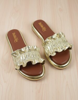 StrideLux Golden Ruffle Flat Slides