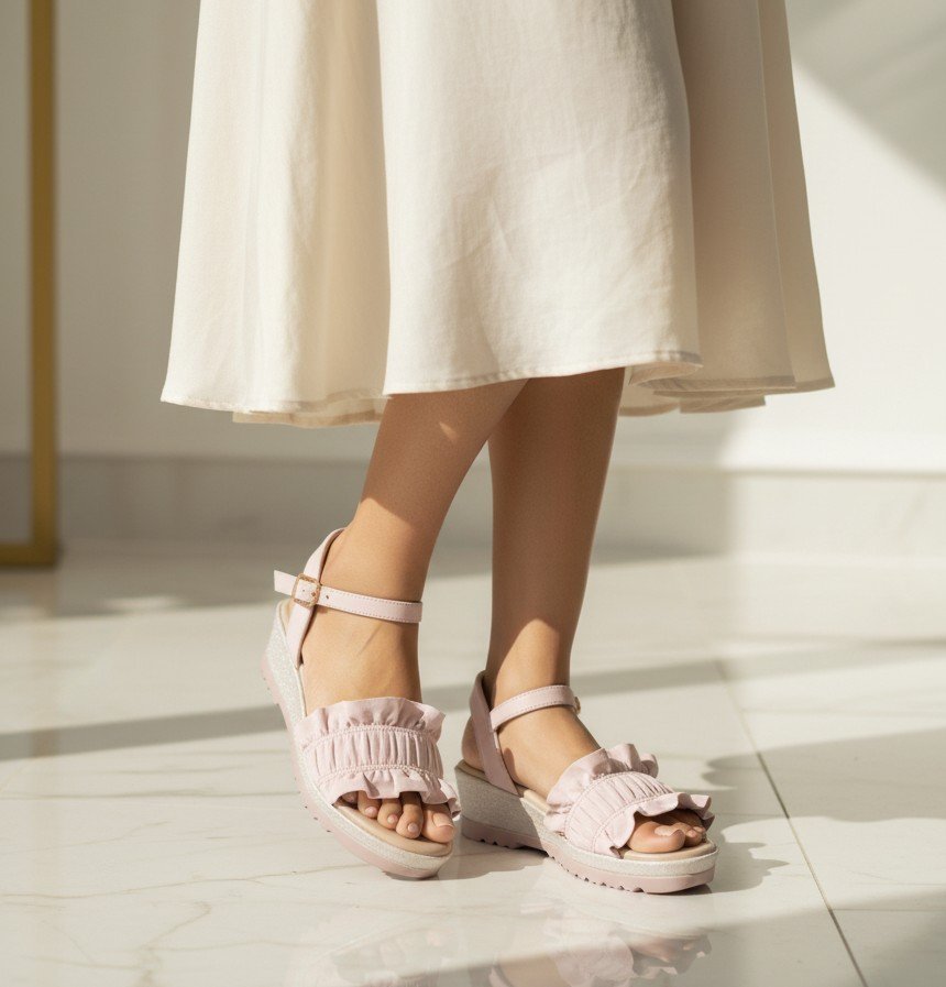 StrideLux FLORA Ruffle Wedge Sandals – Blush Pink - Image 3