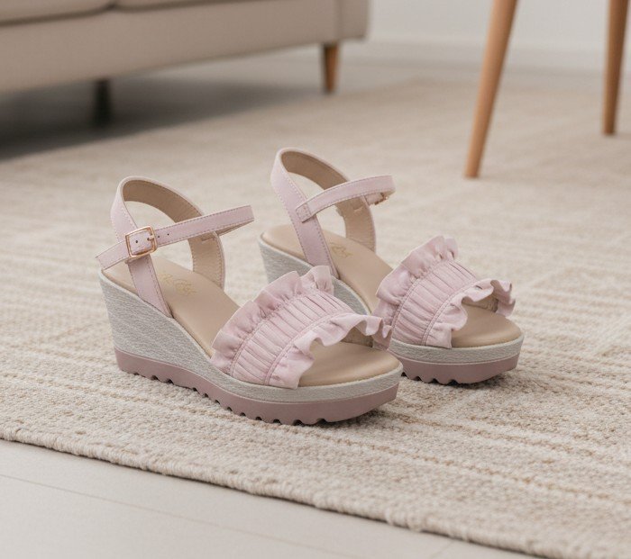 StrideLux FLORA Ruffle Wedge Sandals – Blush Pink - Image 4