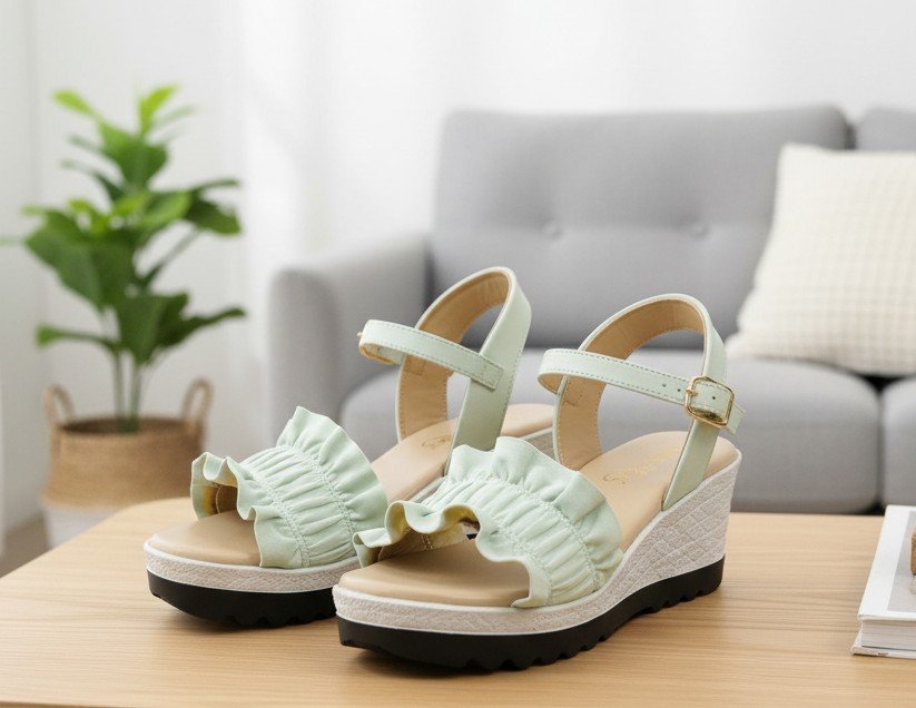 StrideLux FLORA Ruffle Wedge Sandals –Mint Green