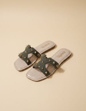 Aurelia Studded Flat Slides – Olive