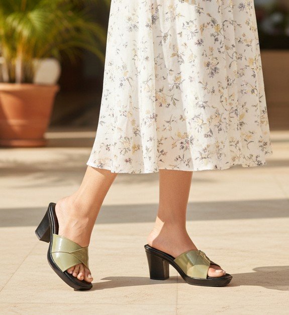 Olive Gloss Crossover Block Heel Slides - Image 7