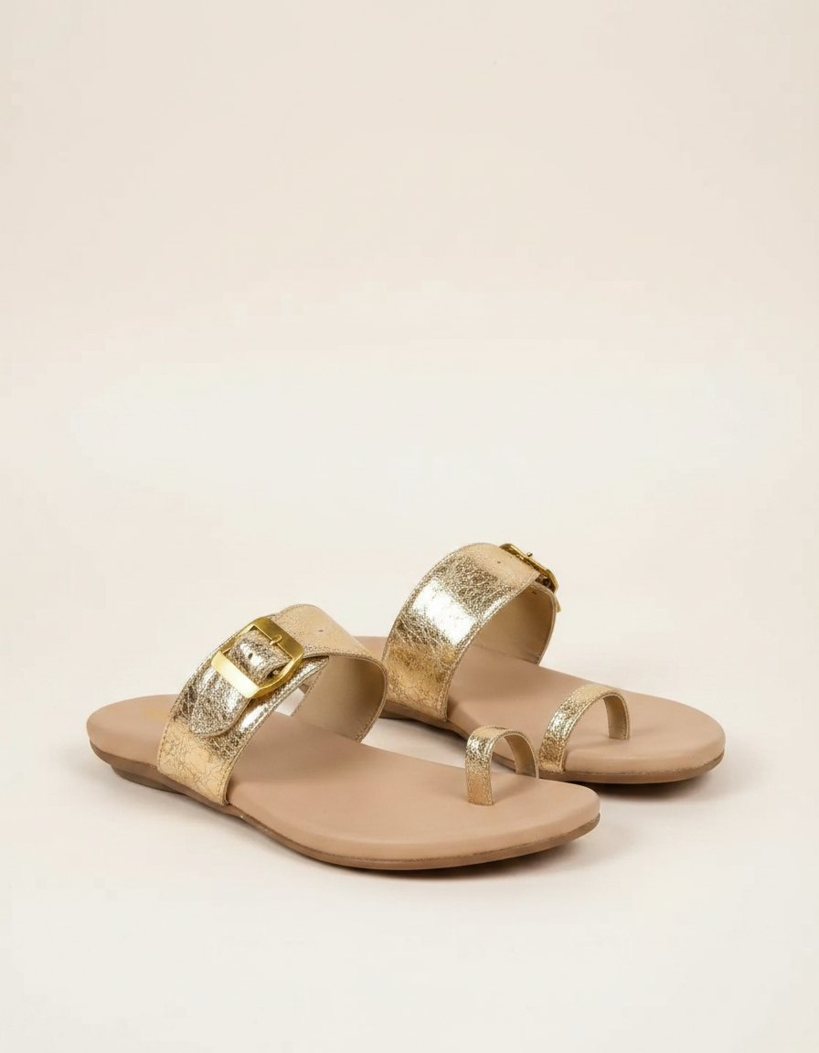 Women’s Metallic Gold leather Toe-Ring Slide Sandals