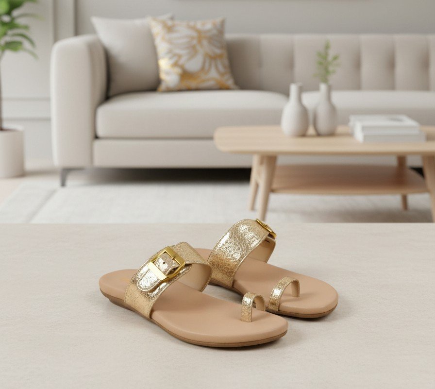 Women’s Metallic Gold leather Toe-Ring Slide Sandals - Image 10