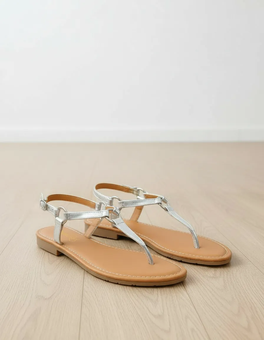 StrideLux Women Metallic T-Strap Toe-Ring Flat Sandals – Silver - Image 4