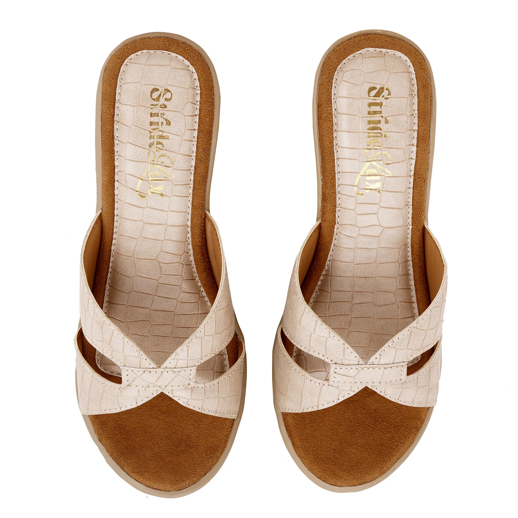 Aveline Cross-Strap Wedge Slides – Ivory Beige