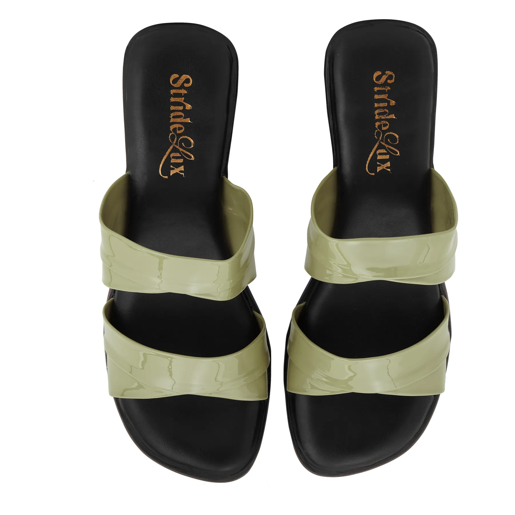 Elina Glossy Dual-Strap Block Heel Slides – Olive Green