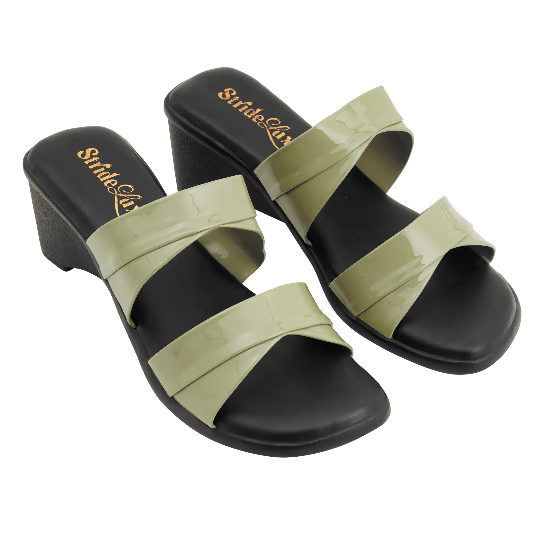 Elina Glossy Dual-Strap Block Heel Slides – Olive Green