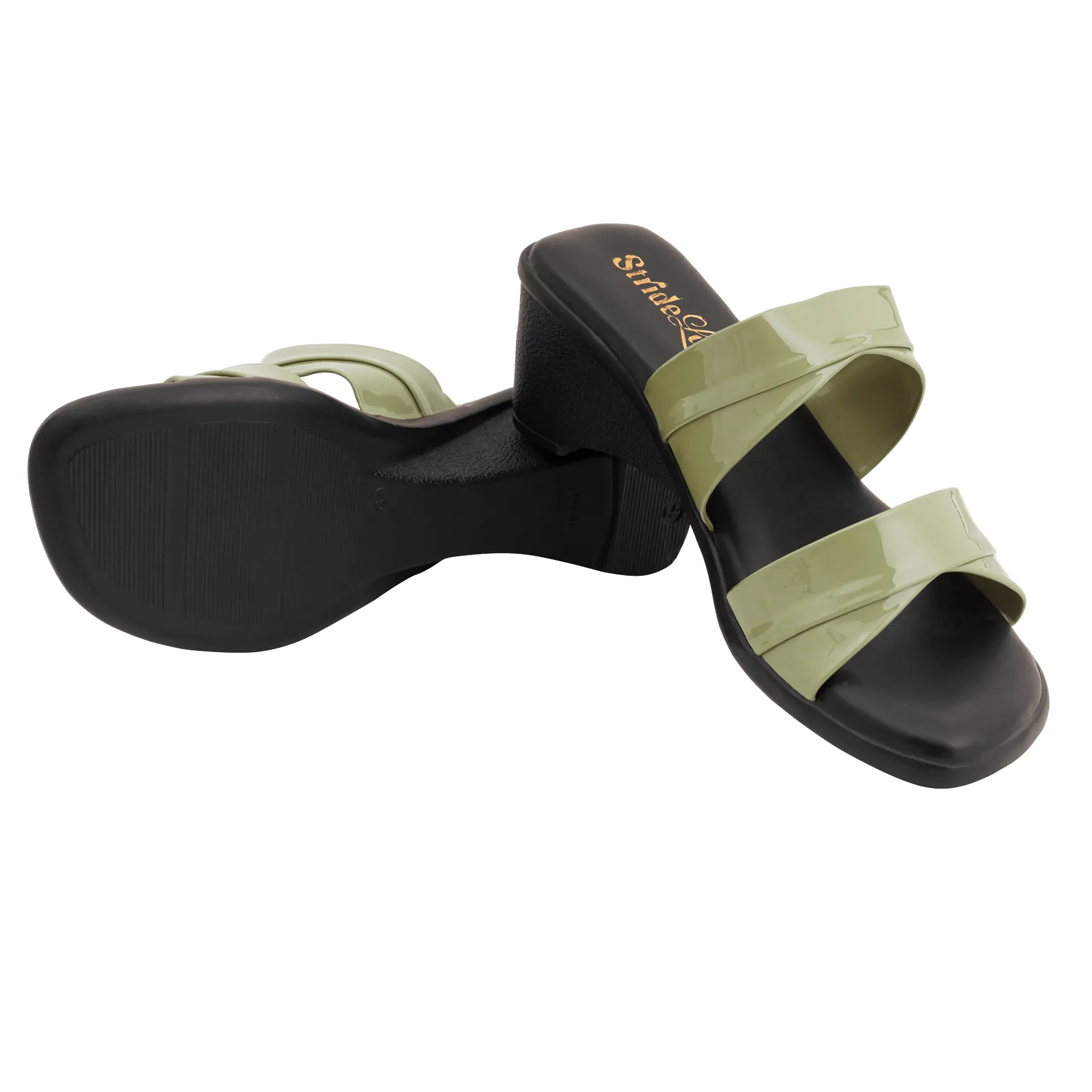 Elina Glossy Dual-Strap Block Heel Slides – Olive Green - Image 6