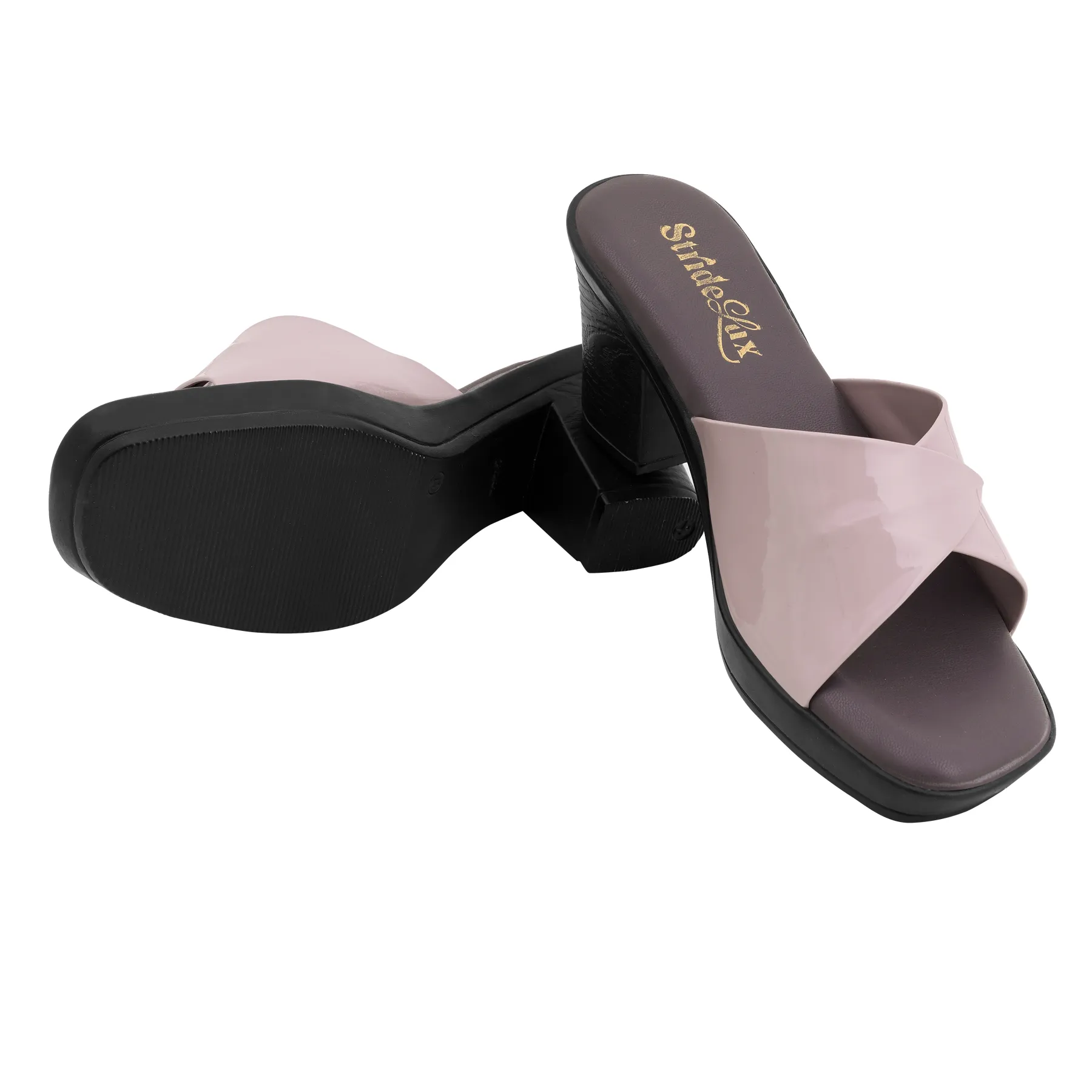 Amara Gloss Cross Strap Block Heels – Blush Mauve - Image 6