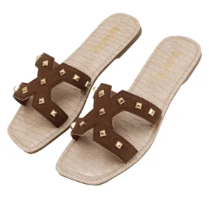 Aurelia Studded Flat Slides - Brown