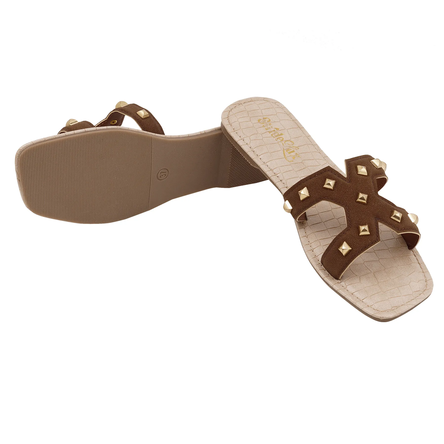 Aurelia Studded Flat Slides - Brown