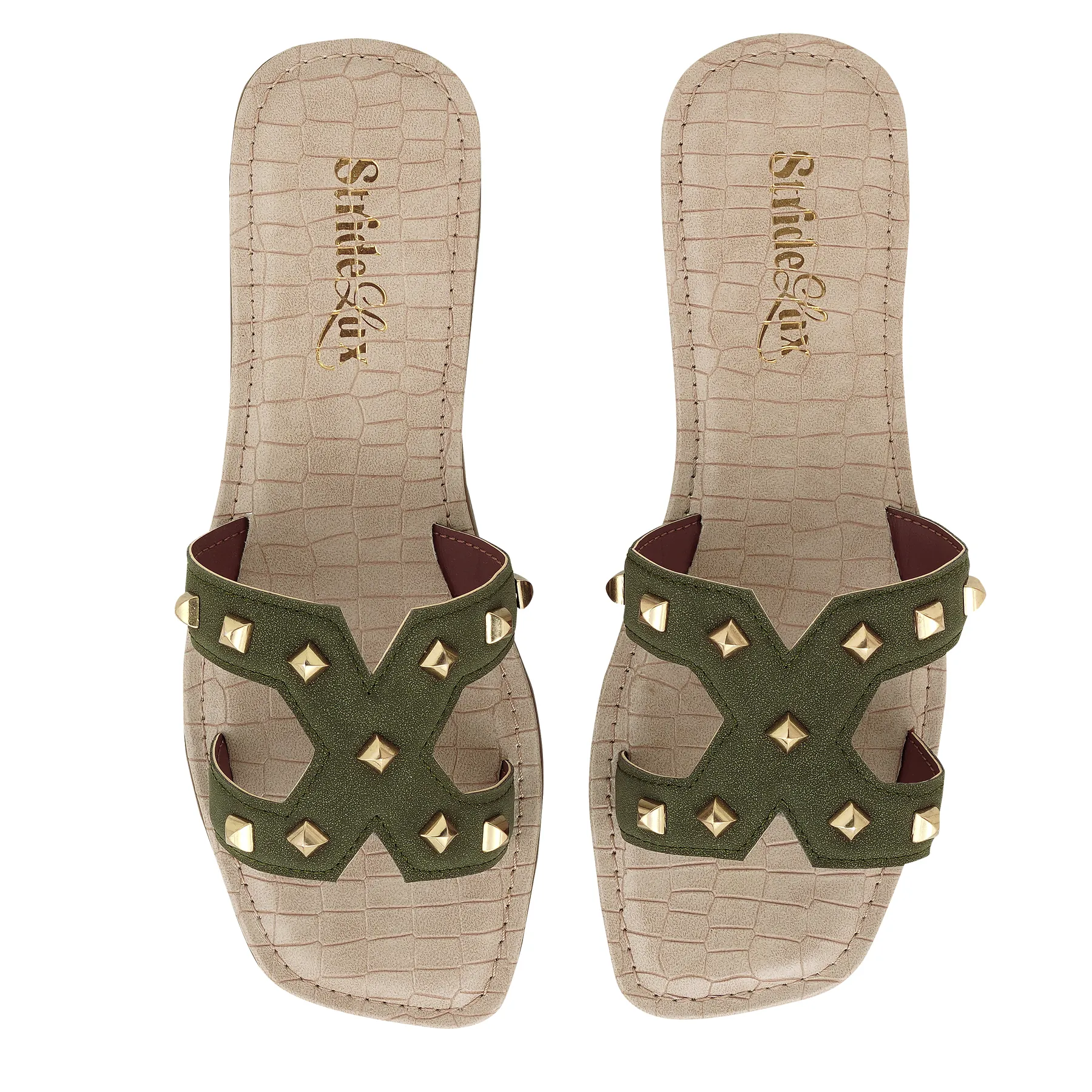 Aurelia Studded Flat Slides – Olive