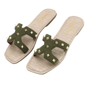 Aurelia Studded Flat Slides – Olive