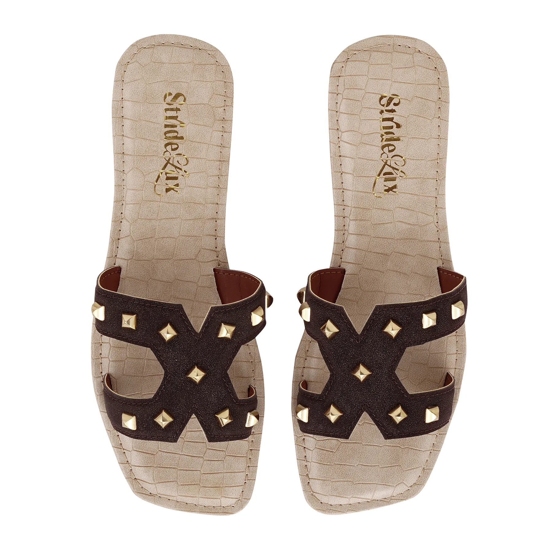 Aurelia Studded Flat Slides – Dark Brown