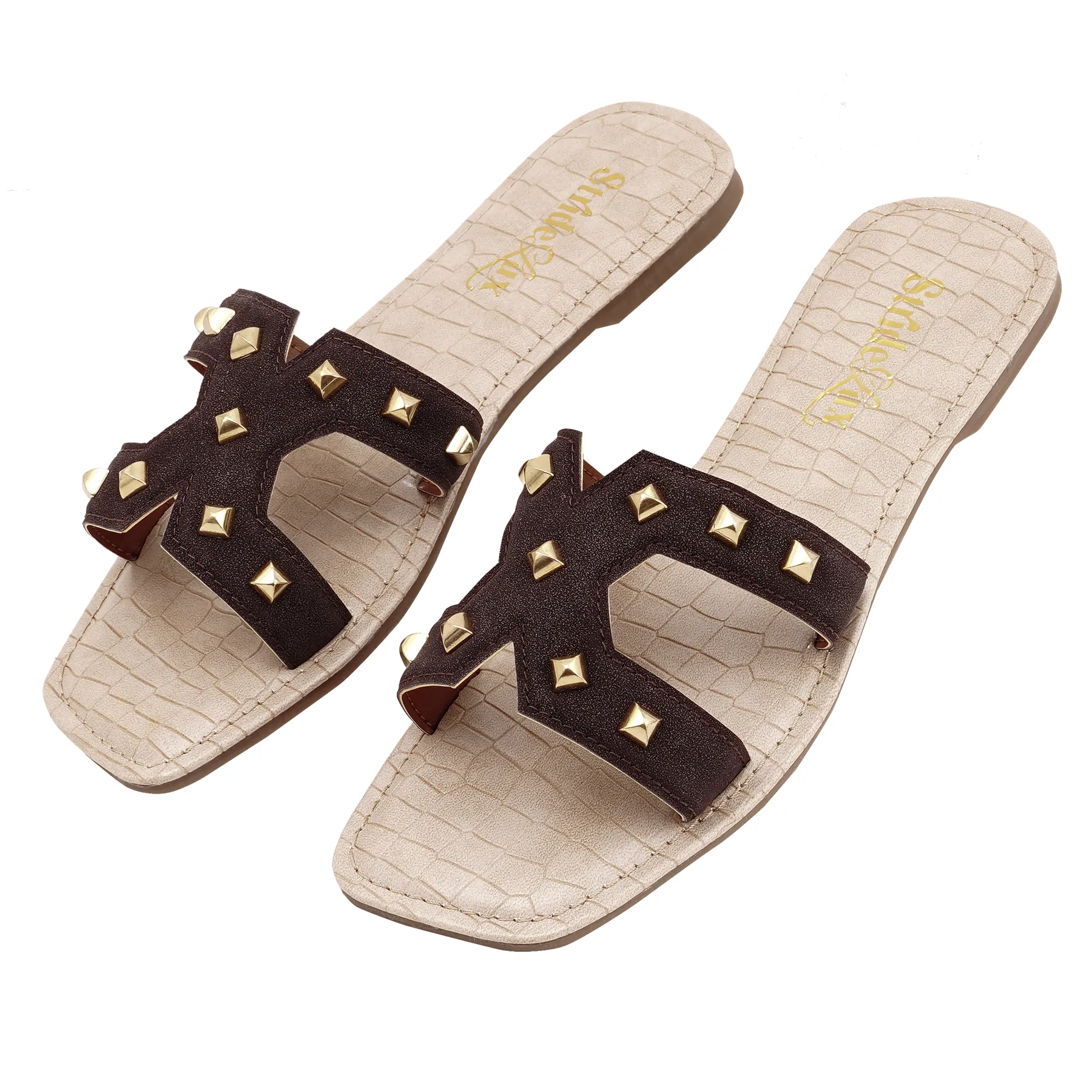 Aurelia Studded Flat Slides – Dark Brown