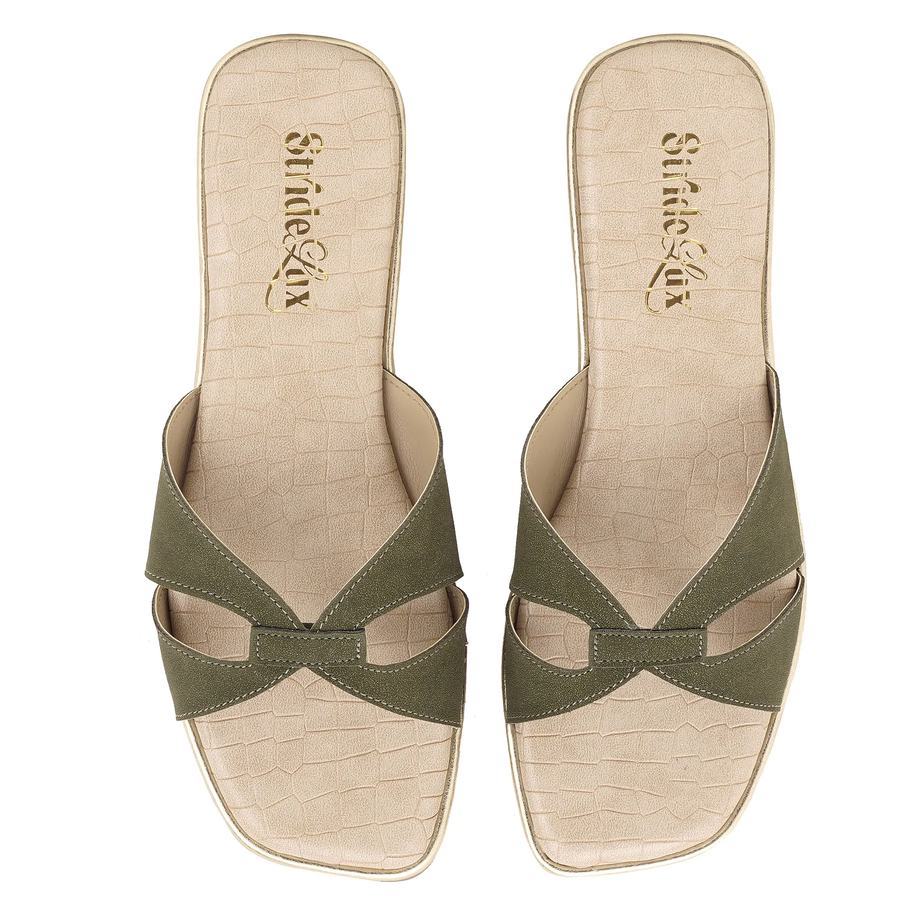 Elara Cross Strap Flat Slides – Olive Green