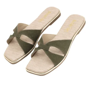 Elara Cross Strap Flat Slides – Olive Green