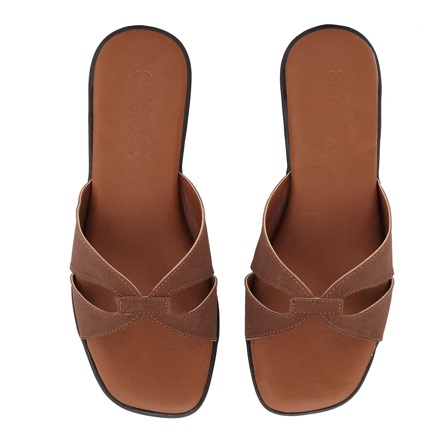 Aveline Cross Strap Flat Slides – Tan Brown
