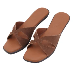 Aveline Cross Strap Flat Slides – Tan Brown