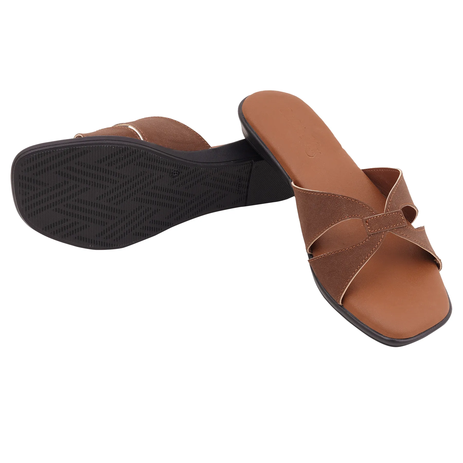 Aveline Cross Strap Flat Slides – Tan Brown - Image 6
