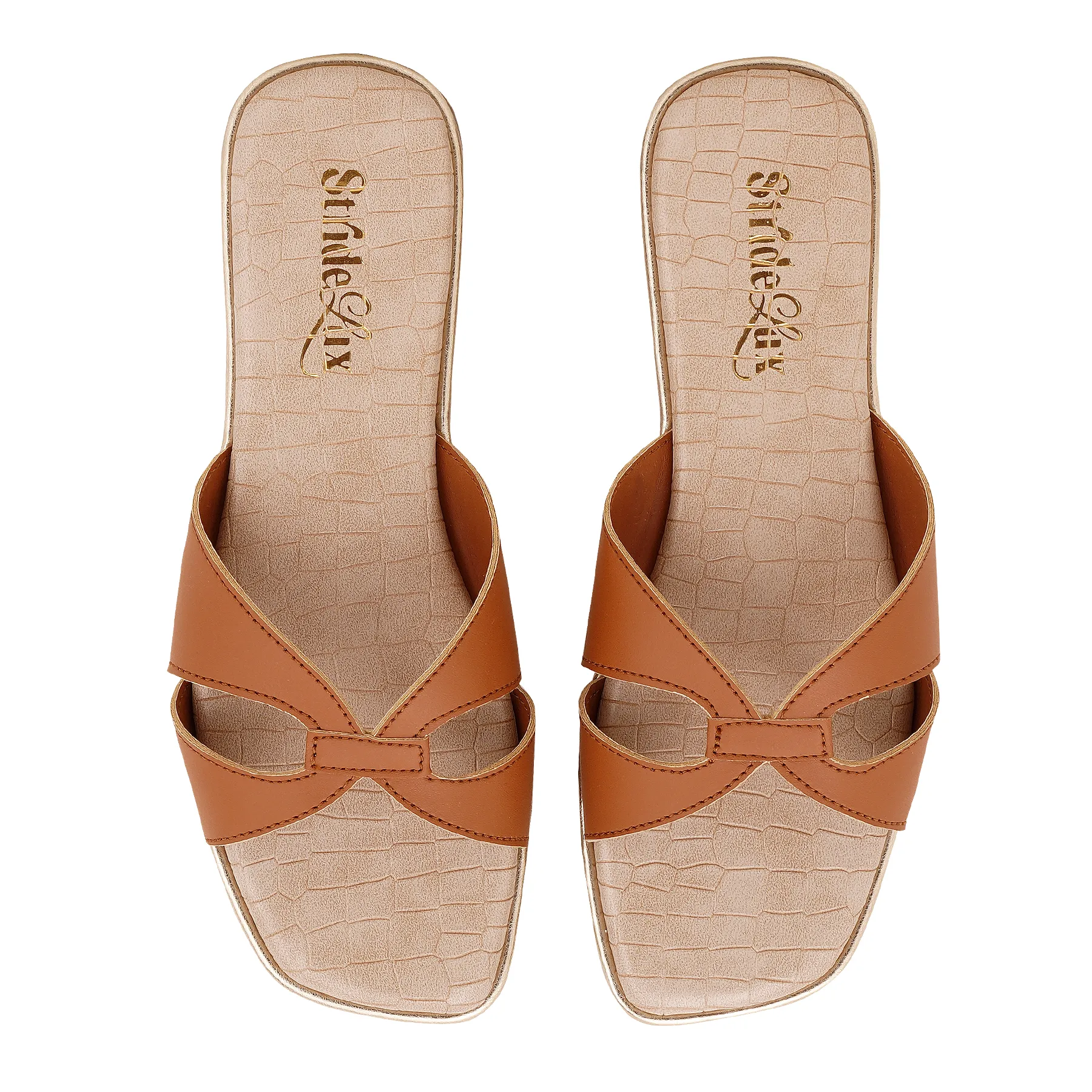 Elara Cross Strap Flat Slides – Tan Brown