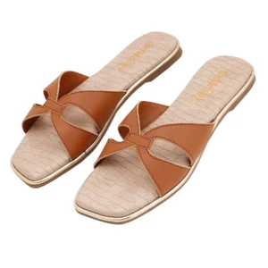 Elara Cross Strap Flat Slides – Tan Brown