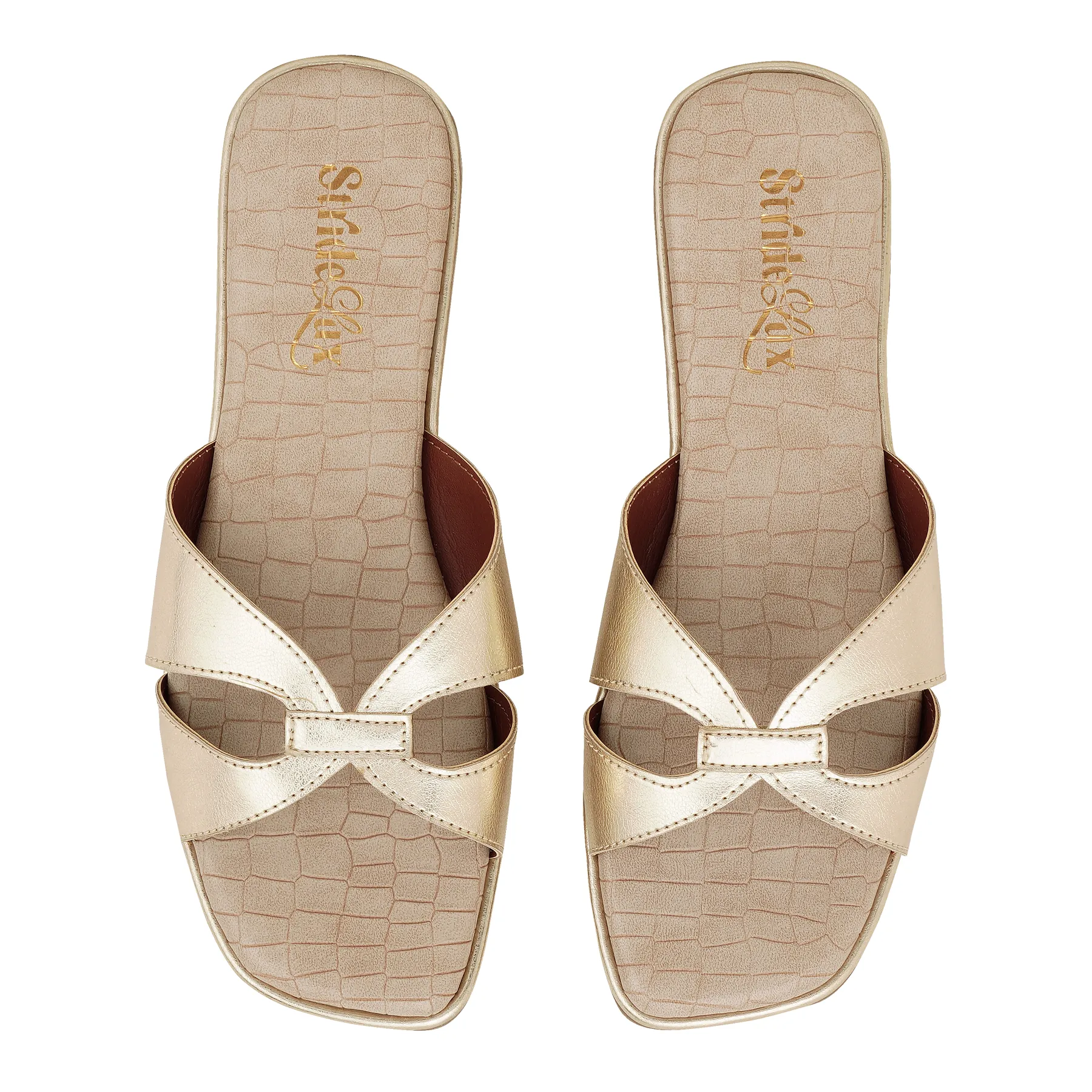 Elara Cross Strap Flat Slides – Soft Gold