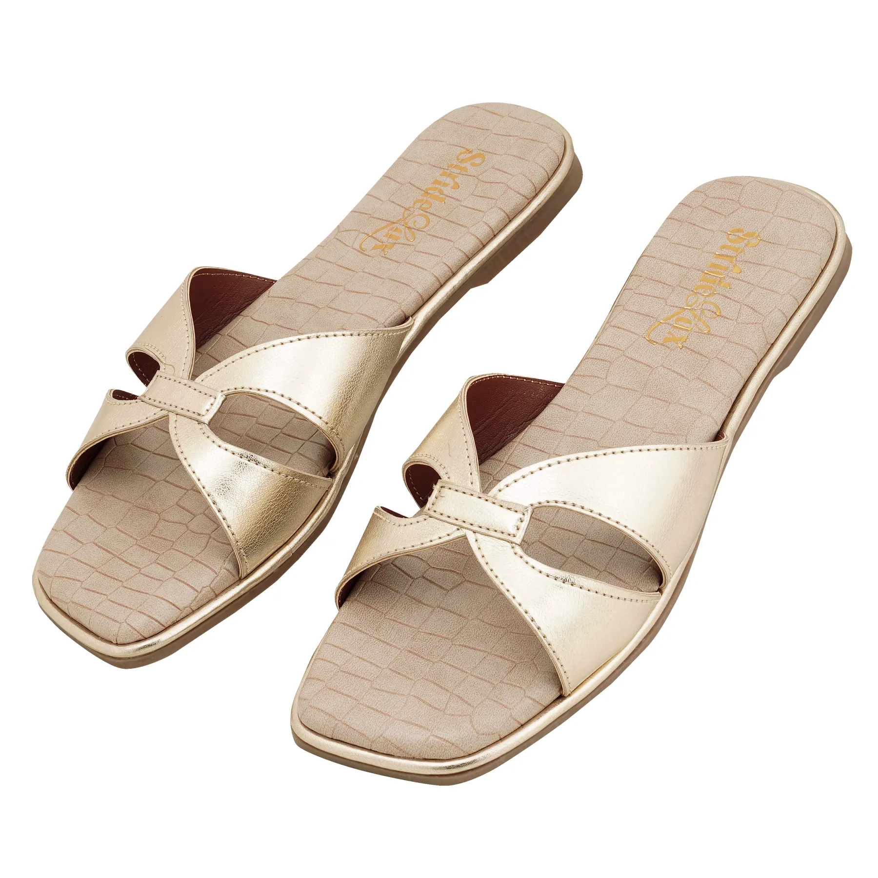 Elara Cross Strap Flat Slides – Soft Gold