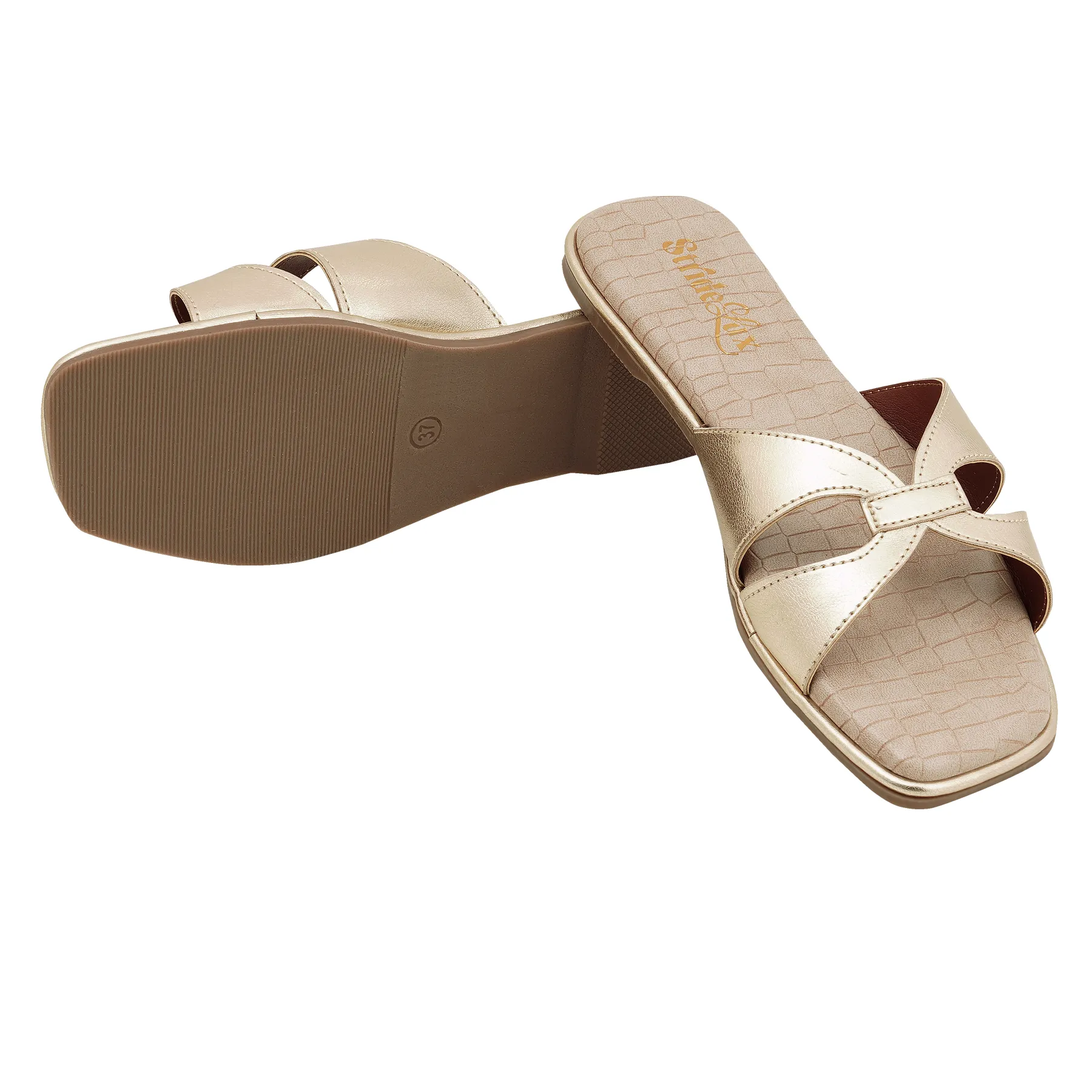 Elara Cross Strap Flat Slides – Soft Gold - Image 6