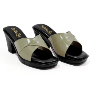 Olive Gloss Crossover Block Heel Slides