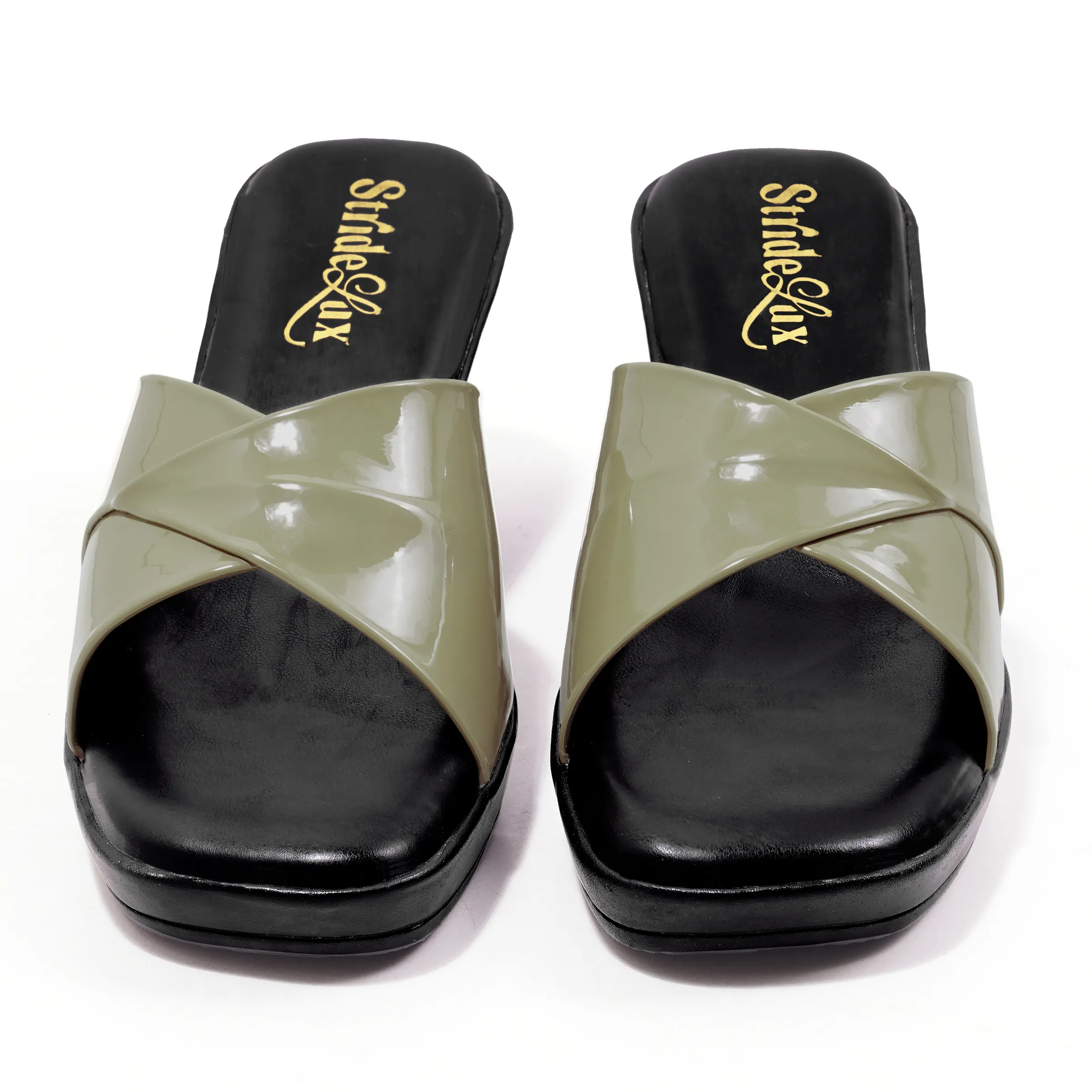 Olive Gloss Crossover Block Heel Slides
