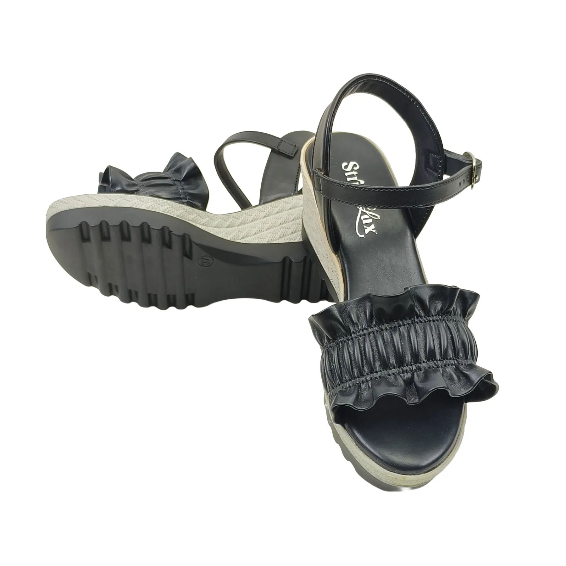 StrideLux Women Ruffle Strap Wedge Heel Sandals – Classic Black