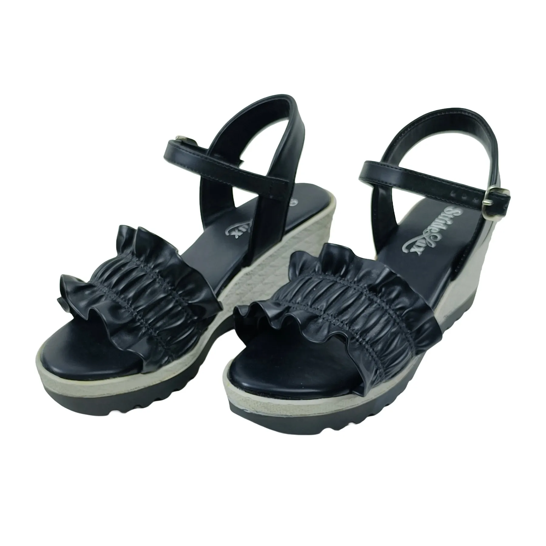 StrideLux Women Ruffle Strap Wedge Heel Sandals – Classic Black