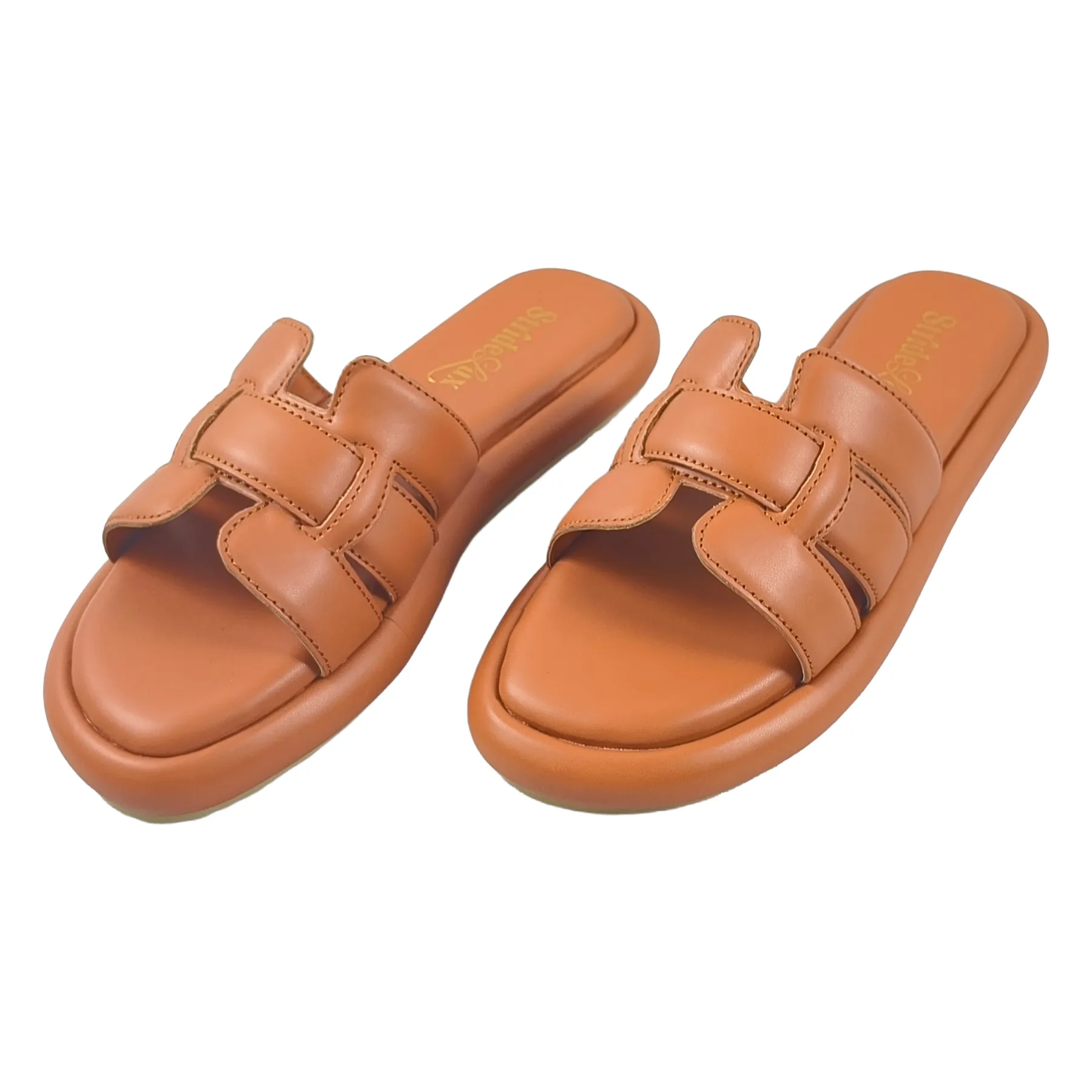 StrideLux Tan Comfort Crossover Flat Slides