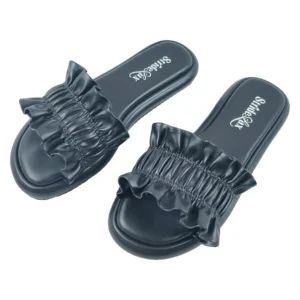 StrideLux Black Ruffle Flat Slides
