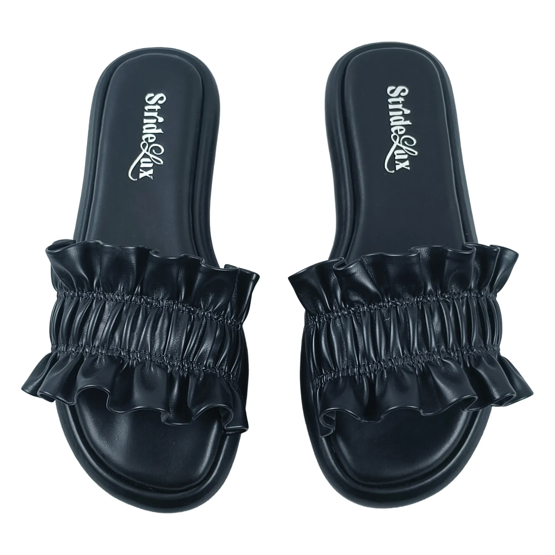 StrideLux Black Ruffle Flat Slides