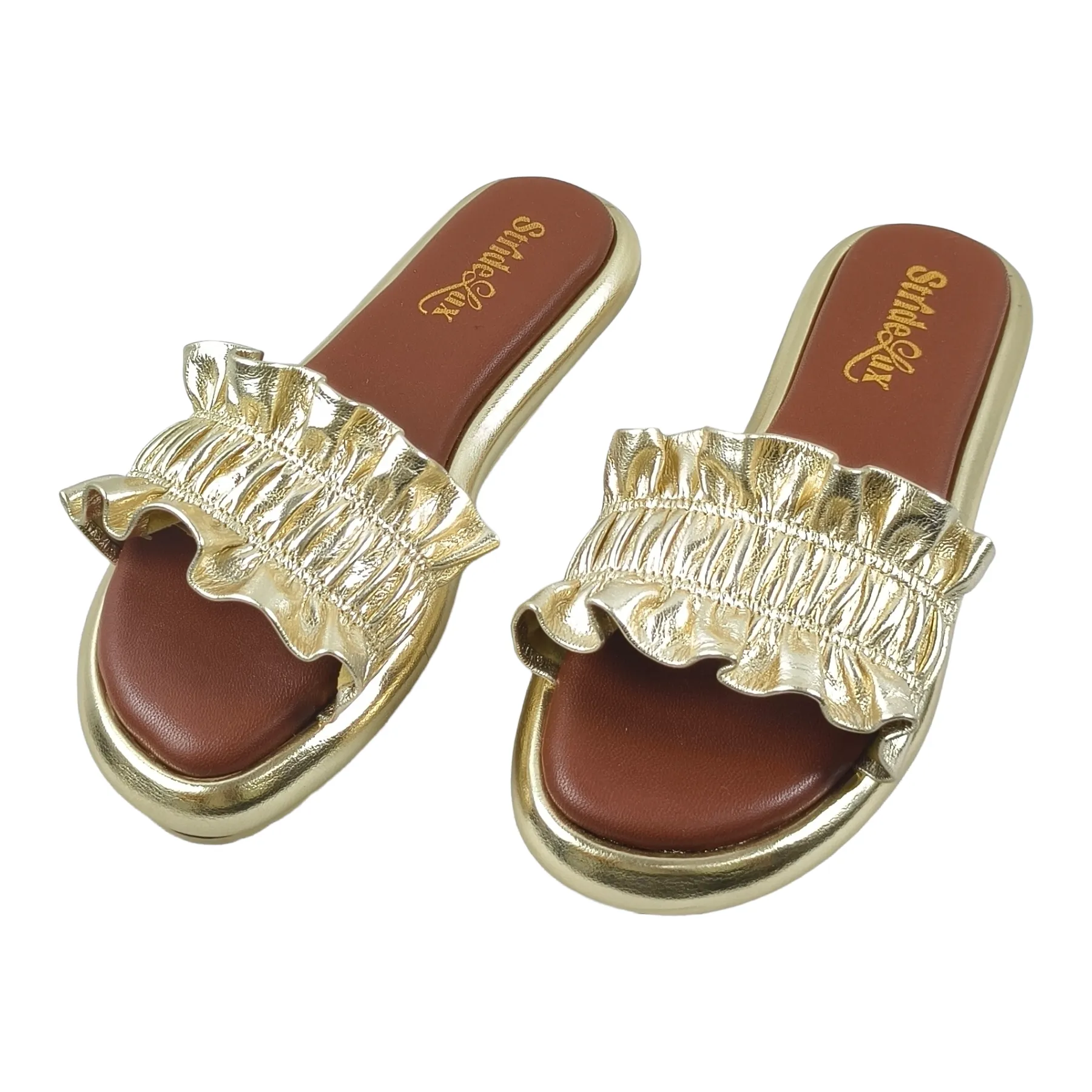 StrideLux Golden Ruffle Flat Slides