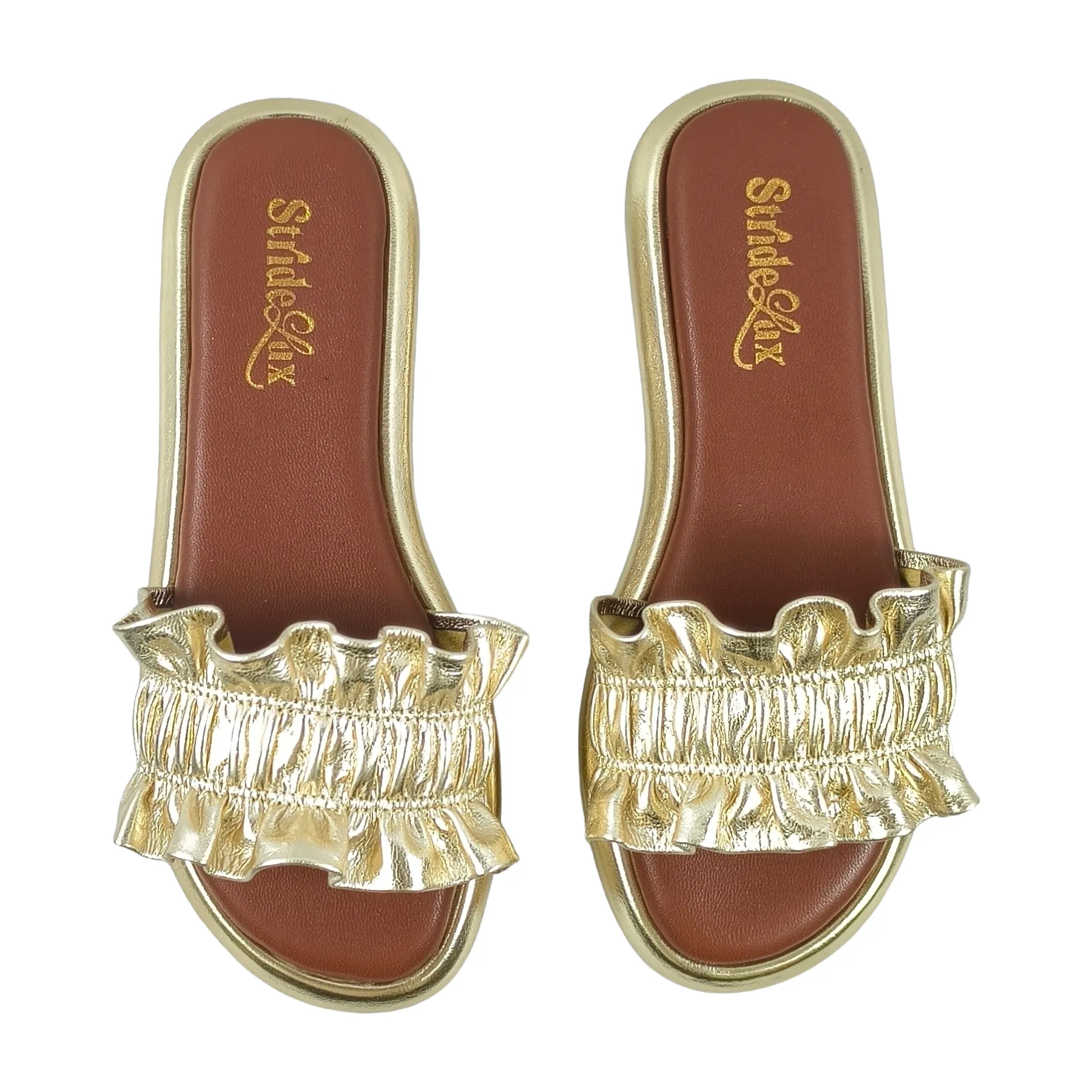 StrideLux Golden Ruffle Flat Slides